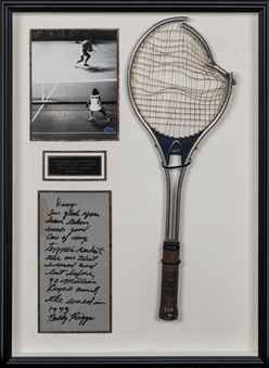 Historic Bobby Riggs Match Used Racket From 1973 "Battle of the Sexes" Against Billie Jean King With Bobby Riggs Handwritten & Signed LOA In 24 x 32 Inch Shadow Box Display With King Signature(JSA)